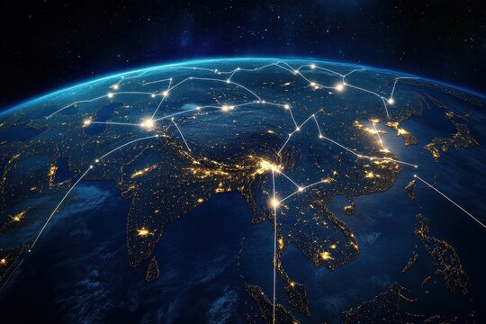 Global network connections at night, Earth, Asia, data flow, communication