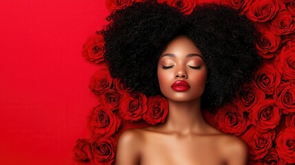 Fototapeta premium Organic haircare for beautiful styling . Woman with curly hair surrounded by red roses on a vibrant background.