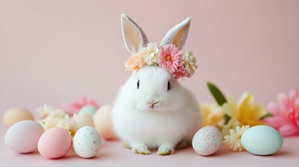Front view of a white cute rabbit with a flower wreath, sitting , surrounded by colorful pastel painted Easter egg and flowers, easter card