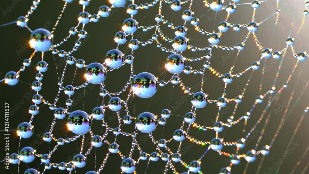 Poster shimmering dew droplets reflect nature in a spider web captured at dawn in a forest