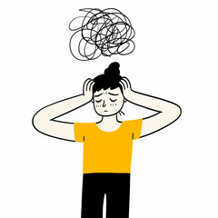 Hand drawing vector illustration, Sad young girl having restless stressed expression on face and crying of stress. Obsessive compulsive, anxiety disorder concept