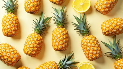 Vibrant display of fresh pineapples arranged artfully on a bright backdrop