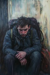 Man with backpack sits, head down, distressed and tired.