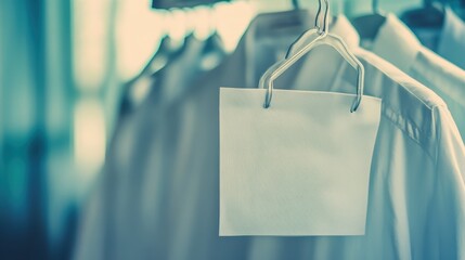 Blank tag hanging on clothes hanger among white shirts.