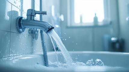 Water pours from a faucet into a clean tub, showcasing water droplets and a soft focus background,