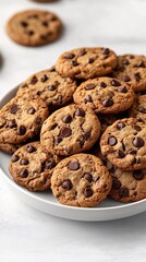 Freshly baked chocolate chip cookies piled high on a white plate against a light background