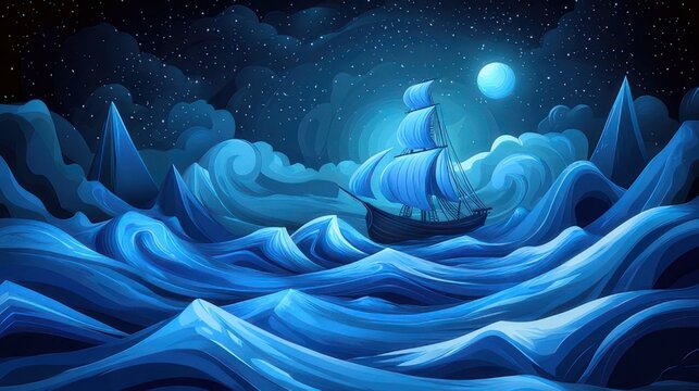 Midnight Voyage: A lone sailing ship navigates a sea of swirling, sapphire waves under a full moon and starlit sky, evoking a sense of mystery and adventure.  - Powered by Adobe