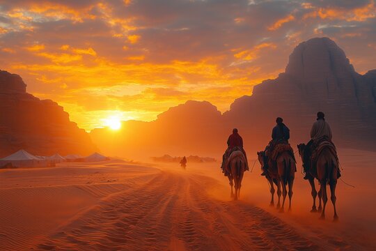 Kamelkarawane bei Sonnenuntergang in der W&uuml;ste

