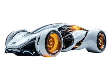 Futuristic White Sports Car Concept With Orange Glowing Lights Isolated on transparent Background