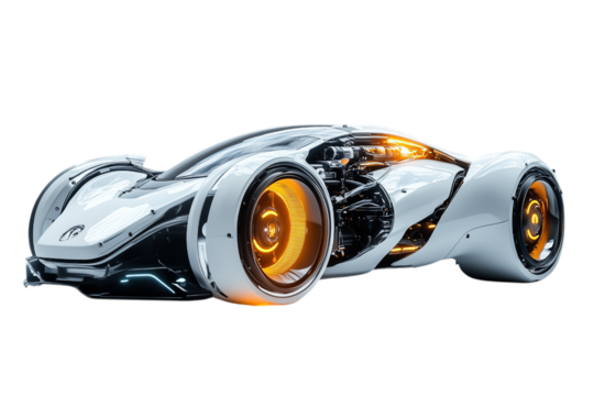 Futuristic White Sports Car Concept With Orange Glowing Lights Isolated on transparent Background