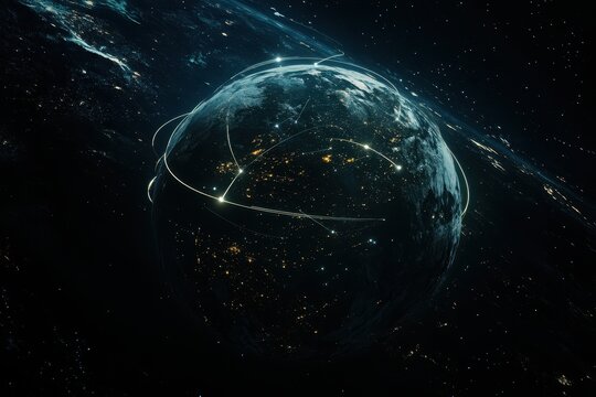 Global network connections orbiting Earth at night, space background, digital communication