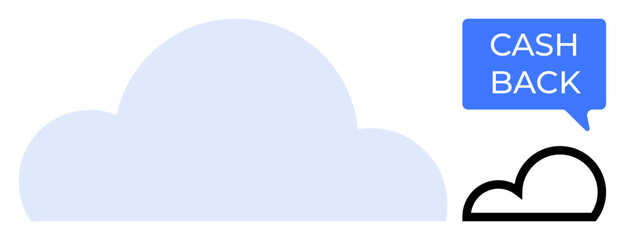 Blue cloud fills center, CASH BACK text in blue speech bubble upper right, minimalist black outline cloud below speech bubble. Ideal for finance, savings, e-commerce, rewards, benefits, discounts