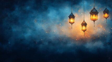 Obraz premium Minimalist boho-inspired watercolor background featuring hanging lanterns, stars, and a cloud-filled sky. Dark blue, light gold, and pastel tones with copy space on the top right.