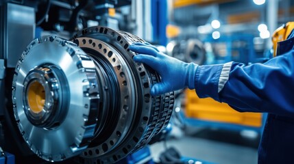 Obraz premium A mechanic in gloves working on a hybrid car engine in a clean workshop