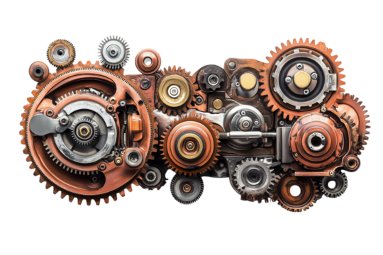 Intricate Clockwork Gear Mechanism A Detailed Rusty Metal Texture Isolated on transparent Background