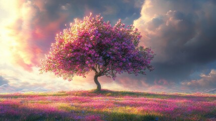 Solitary Blossom: A majestic pink cherry tree in full bloom stands alone on a hill, bathed in the warm light of a dramatic sunset, surrounded by a field of wildflowers. The clouds swirl with color.
