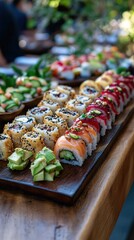 Sushi rolls and avocado on a wooden tray ready for a celebration or party event outdoors