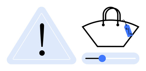 Warning triangle with exclamation mark next to handbag with price tag and slider bar indicating adjustable price range. Ideal for e-commerce, pricing strategy, alert systems, shopping apps