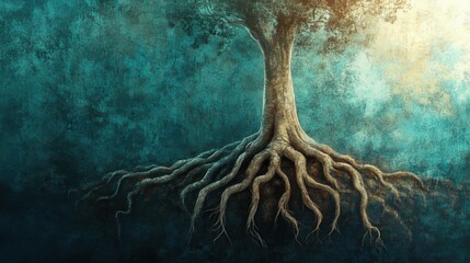 Ancient Tree Roots: A majestic tree's sprawling roots, exposed and reaching deep into the earth, are dramatically showcased against a moody, teal-toned backdrop.  The image evokes themes of strength.