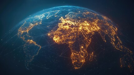 Global Network Connection, Digital Earth with Glowing Lines Representing Worldwide Communication and Data Exchange in a Futuristic High-Tech Design