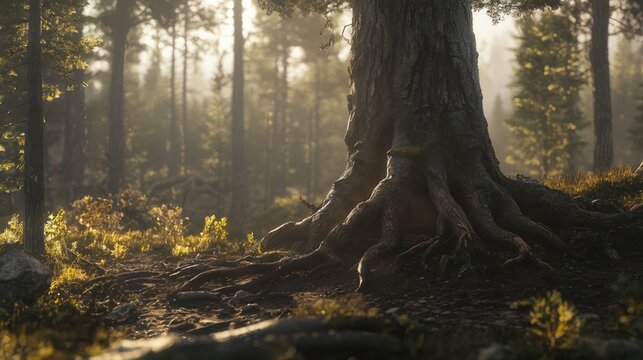 Ancient Tree Roots: Sunlight streams through a misty forest, illuminating the massive, exposed roots of an ancient tree, creating a serene and mystical atmosphere.