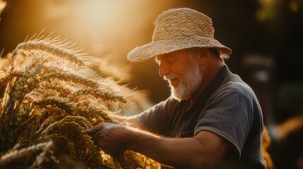 Golden Hour Harvest: A senior farmer, weathered and wise, gently examines a stalk of ripe wheat in the warm glow of the setting sun, embodying generations of agricultural tradition.