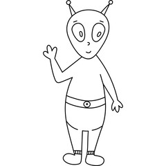 Cute outline doodle of green alien smiling and waving hello. Friendly extraterrestrial monster with big eyes, in boots and belt. Hand drawn weird creature in childish style isolated on background.