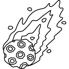 Cute outline falling asteroid in flame. Burning comet, meteor, celestial body in childish style. Hand drawn doodle of  meteorite with fire and stones isolated on white background.