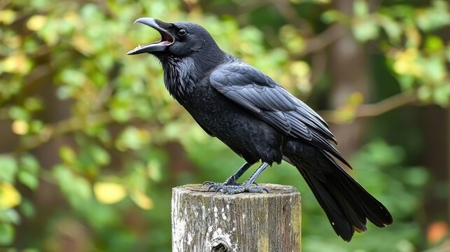 Crow cawing while perched on a weathered fence post.