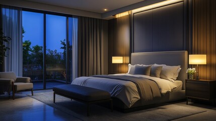 Obraz premium modern bedroom with a minimalist design at night. cozy bedroom inspiration