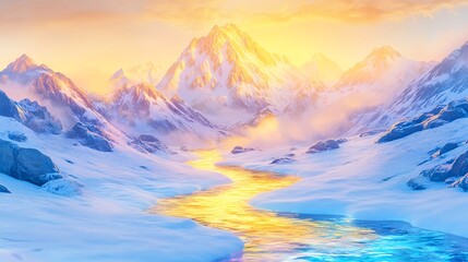 Obraz premium golden river, snowy mountains, winter sunset - dreamy/surreal lands.