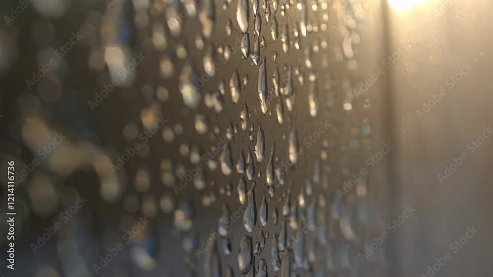Poster raindrops glistening on a window as sunlight shines through creating a beautiful morning atmosphere