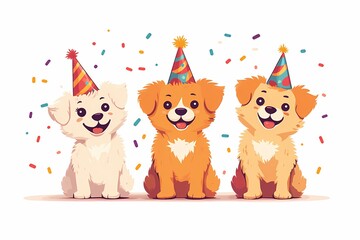 Fototapeta premium dog wearing a birthday party hat, with confetti. cute flat illustration. birthday card, greeting card. Puppy birthday celebration concept design. 