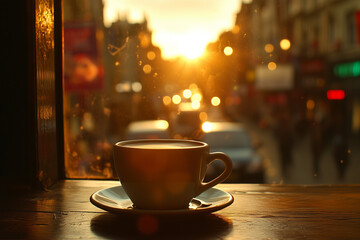 Fototapeta premium A cup of coffee or tea on a bustling cityscape outdoors.