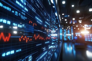 a futuristic trading floor visualization with holographic market data floating in a deep blue space, glowing arrows and digital particles rising upward, lens flares, 8k detail