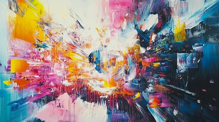 Obraz premium Abstract, vibrant paint streaks and dark city structures.