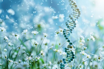 3d rendered illustration of dna strand flying over wild chamomile flowers in the blue background