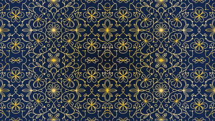 Elegant navy blue and gold floral pattern design,   pattern featuring intricate gold floral designs on a deep navy blue background