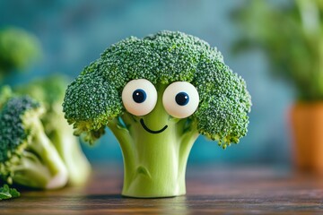 Bright green broccoli with playful eyes and smile on a wooden table surrounded by fresh vegetables in a kitchen setting