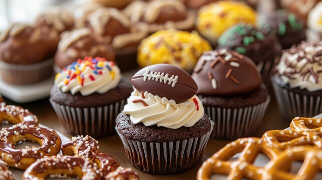 Delicious assortment of chocolate cupcakes and pretzels with football decorations