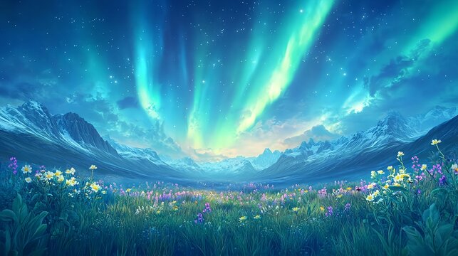 magical aurora borealis mountain meadow - fantasy landscapes