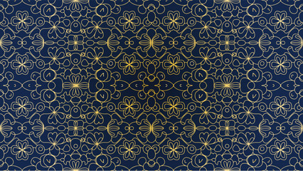 Elegant navy blue and gold floral pattern design,   pattern featuring intricate gold floral designs on a deep navy blue background