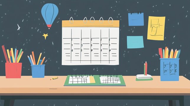 Organized workspace with calendar, pencils, and sticky notes on a desk against a dark background. - Powered by Adobe