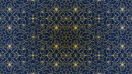 Elegant navy blue and gold floral pattern design,   pattern featuring intricate gold floral designs on a deep navy blue background
