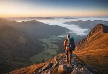 Obraz premium Sunrise Hiker on Mountaintop with Panoramic Valley View, Stunning Landscape Photography