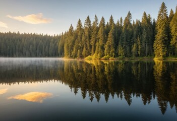 Fototapeta premium Sunrise Reflection of Evergreen Forest on Calm Lake, Misty Morning