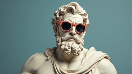 Sculpture of a mythological figure sporting stylish sunglasses and a commanding presence