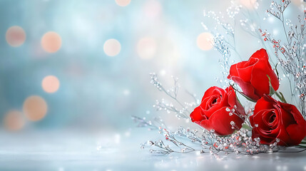 Romantic red roses arrangement soft background floral photography elegant setting close-up view love and beauty