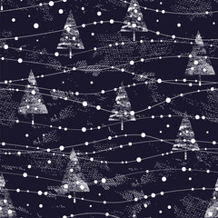 Stylized snowy forest with fir trees. Seamless winter pattern. Vector image