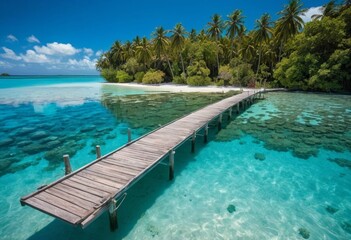 Obraz premium Wooden pier extending over crystal-clear turquoise water towards a tropical island paradise with lush palm trees.
